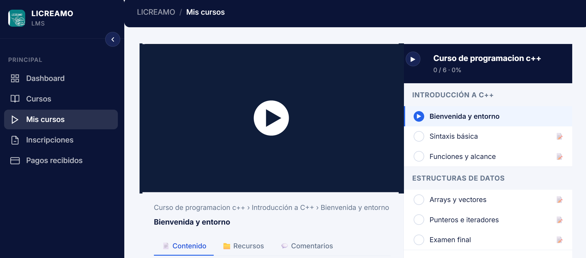 Clase en video con temario del curso en CCL